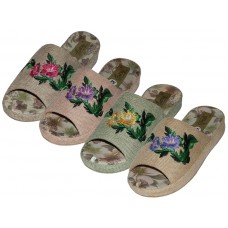 W5160-A - Wholesale Women's Cloth Open Toes Flower Embroidery Upper House Slippers ( *Asst. Green, Dk. Beige, Pink And Lt. Blue )